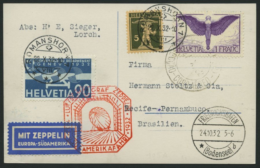 ZULEITUNGSPOST 195Aa BRIEF, Schweiz: 1932, 9. Südamerikafahrt, Auflieferung Fr`hafen, Prachtkarte - Zeppelins