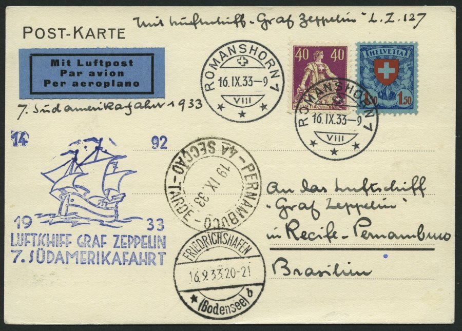 ZULEITUNGSPOST 232Aa BRIEF, Schweiz: 1933, 7. Südamerikafahrt, Auflieferung Friedrichshafen, Prachtkarte - Zeppelines