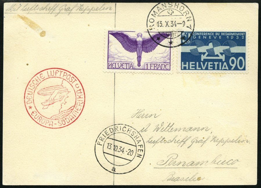 ZULEITUNGSPOST 280Aa BRIEF, Schweiz: 1934, 10. Südamerikafahrt, Auflieferung Fr`hafen Mit Stempel C, Prachtkarte - Zeppelines