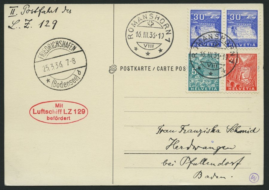 ZULEITUNGSPOST 402 BRIEF, Schweiz: 1936, Deutschlandfahrt, Prachtkarte - Zeppelins