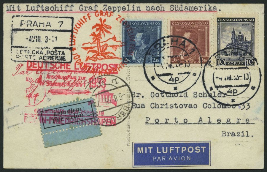 ZULEITUNGSPOST 223B BRIEF, Tschechoslowakei: 1933, 4. Südamerikafahrt, Prachtkarte - Zeppelins