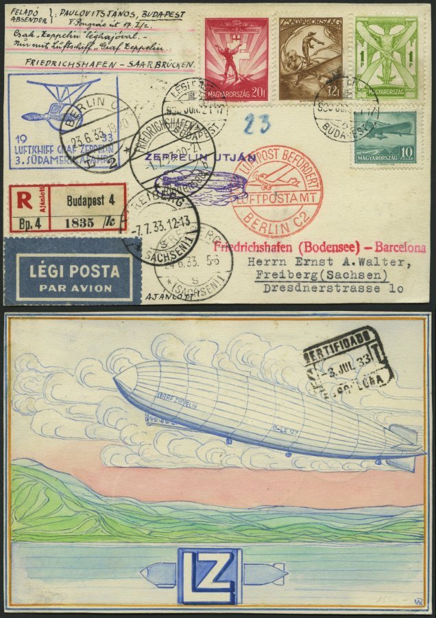 ZULEITUNGSPOST 219Ca BRIEF, Ungarn: 1933, 3. Südamerikafahrt, Abwurf Barcelona, Einschreibkarte Mit Rückseitigem Handgem - Zeppelines