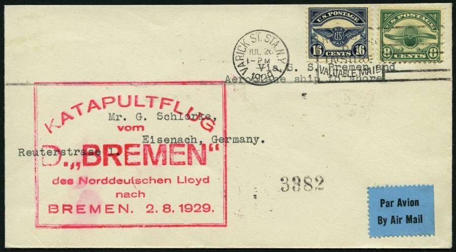 KATAPULTPOST 2a BRIEF, 1.8.1929, &quot,Bremen&quot, - Bremen, US-Landpostaufgabe, Frankiert Mit USA Mi.Nr. 286/7, Pracht - Covers & Documents