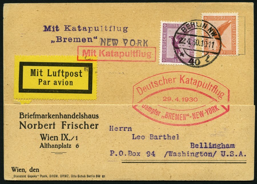 KATAPULTPOST 10a BRIEF, 29.4.1930, &quot,Bremen&quot, - New York, Landpostaufgabe, Prachtkarte - Cartas & Documentos