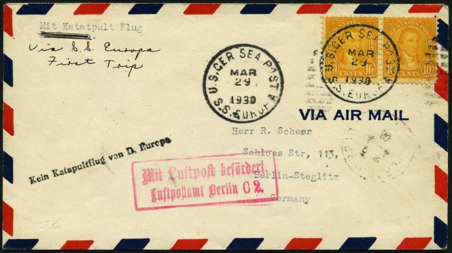 KATAPULTPOST 26B BRIEF, Vorläufer: 29.3.1930, Schwarzer Stempel Kein Katapultflug Von D. Europa, Prachtbrief - Briefe U. Dokumente