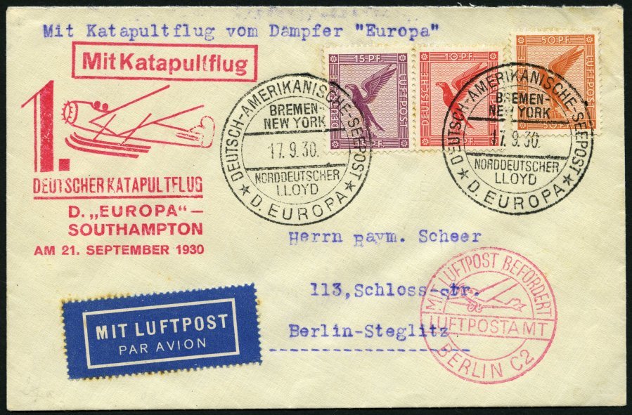 KATAPULTPOST 32c BRIEF, 22.9.1930, &quot,Europa&quot, - Southampton, Deutsche Seepostaufgabe, Prachtbrief - Covers & Documents
