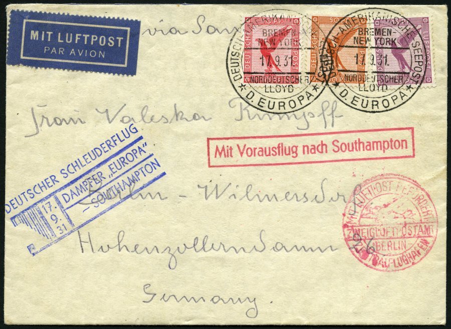 KATAPULTPOST 71c BRIEF, 18.9.1931, &quot,Europa&quot, - Southampton, Deutsche Seepostaufgabe, Bedarfsbrief, Pracht - Cartas & Documentos