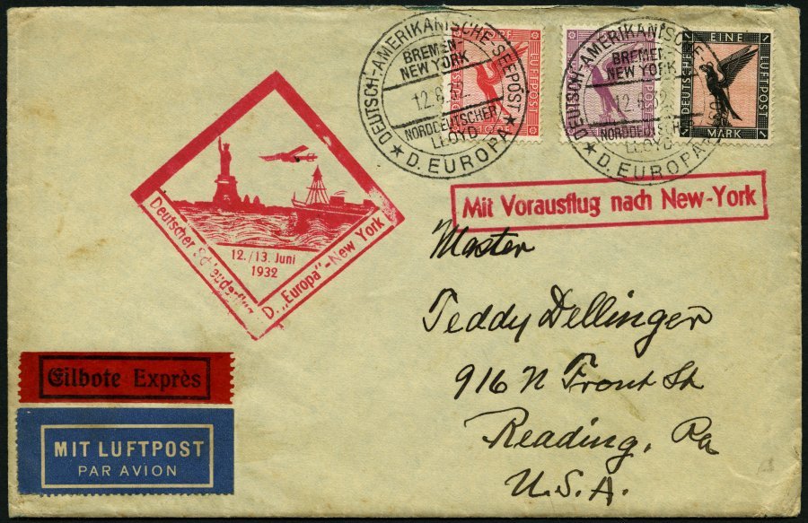 KATAPULTPOST 85b BRIEF, 12.6.1932, &quot,Europa&quot, - New York, Seepostaufgabe, Eilbrief, Feinst - Cartas & Documentos