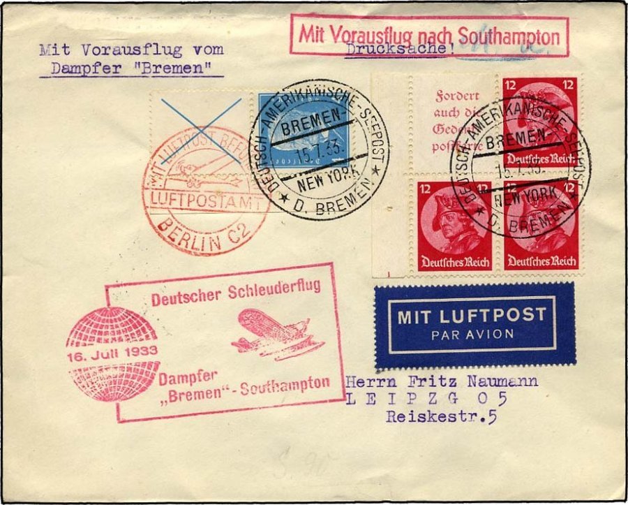 KATAPULTPOST 128c BRIEF, 16.7.1933, Bremen - Southampton, Deutsche Seepostaufgabe, Frankiert U.a. Mit S 40, Drucksache, - Covers & Documents