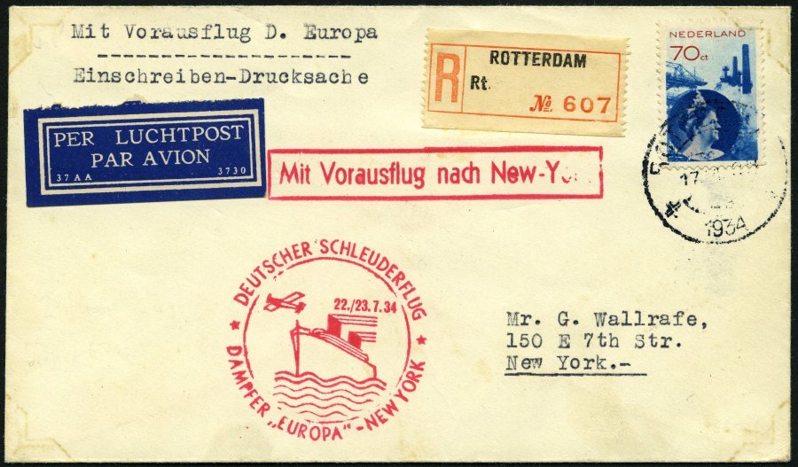 KATAPULTPOST 167Nl BRIEF, Niederlande: 22.7.1934, &quot,Europa&quot, - New York, Einschreib-Drucksache, Brief Feinst, RR - Covers & Documents