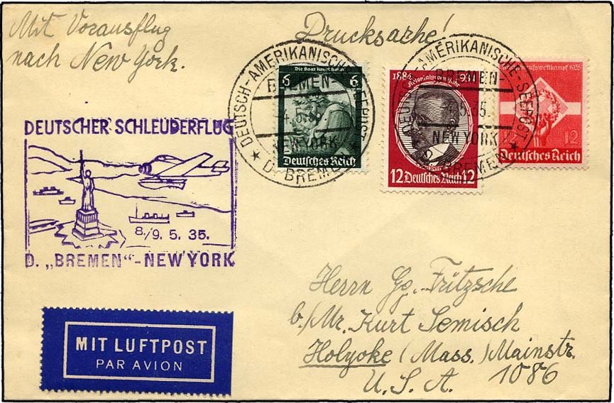 KATAPULTPOST 185b BRIEF, 9.5.1935, Bremen - New York, Seepostaufgabe, Drucksache, Pracht - Covers & Documents