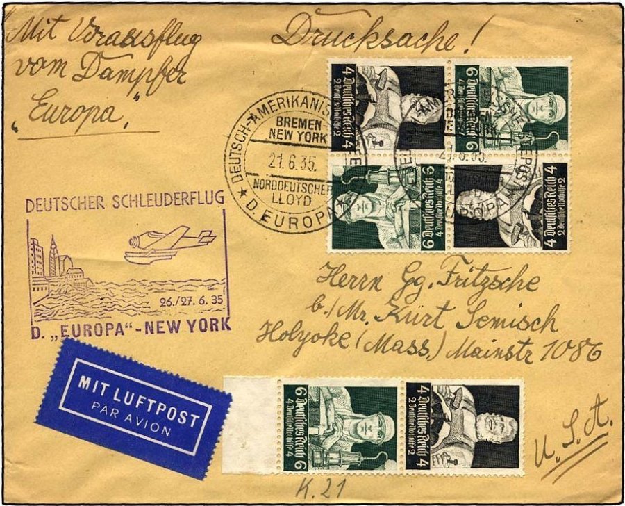 KATAPULTPOST 195b BRIEF, 26.6.1935, Europa - New York, Seepostaufgabe, Stände-Zusammendruck-Frankatur, Drucksache, Feins - Covers & Documents