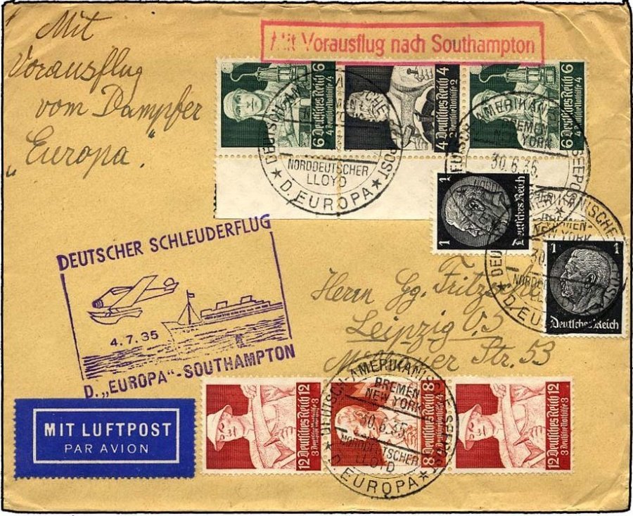 KATAPULTPOST 197c BRIEF, 4.7.1934, Europa - Southampton, Deutsche Seepostaufgabe, Zusammendruck-Frankatur (u.a. S 230), - Covers & Documents