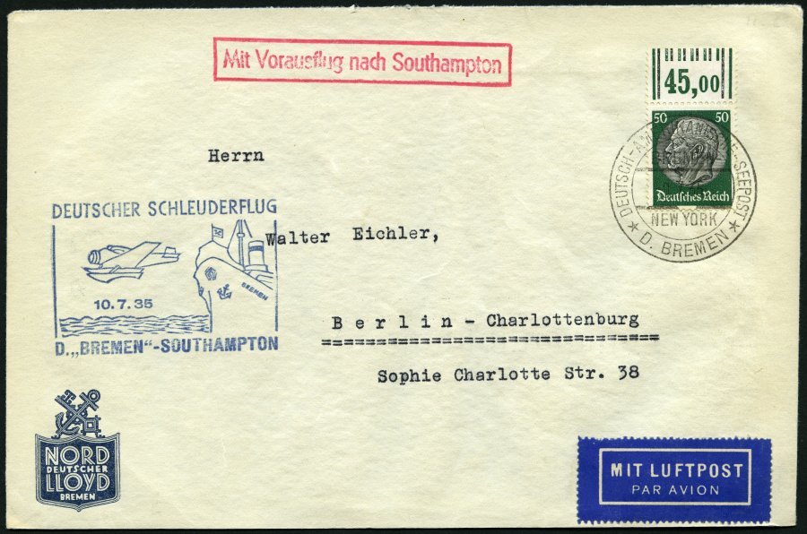 KATAPULTPOST 198c BRIEF, 10.7.1935, &quot,Bremen&quot, - Southampton, Deutsche Seepostaufgabe, Mit Einzelfrankatur Mi.Nr - Covers & Documents