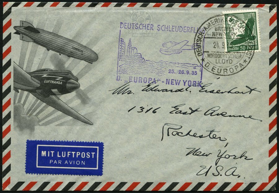 KATAPULTPOST 215b BRIEF, 25.9.1935, &quot,Europa&quot, - New York, Seepostaufgabe, Prachtbrief - Covers & Documents