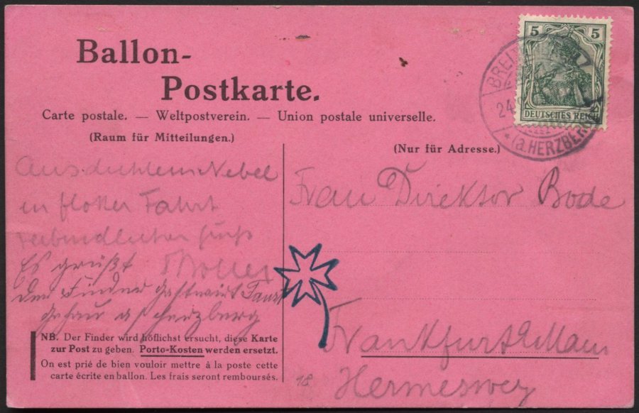 BALLON-FAHRTEN 1897-1916 23.9.1909, Frankfurter Verein Für Luftschiffahrt Frankfurt Am Main, Abwurf Vom Ballon TILLIE Na - Montgolfier