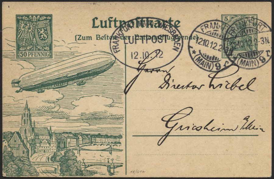 PIONIERFLUGPOST 1909-1914 18/01a BRIEF, 12.10.1912, Frankfurt-Wiesbaden Vom Ersttag, Luftpostkarte Mit 50 Pf. Spenden-Zu - Aviones