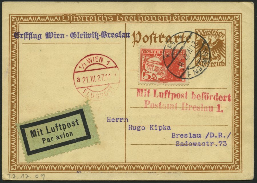 ERST-UND ERÖFFNUNGSFLÜGE 27.17.09 BRIEF, 21.4.1927, Wien-Breslau, Prachtkarte - Zeppelines