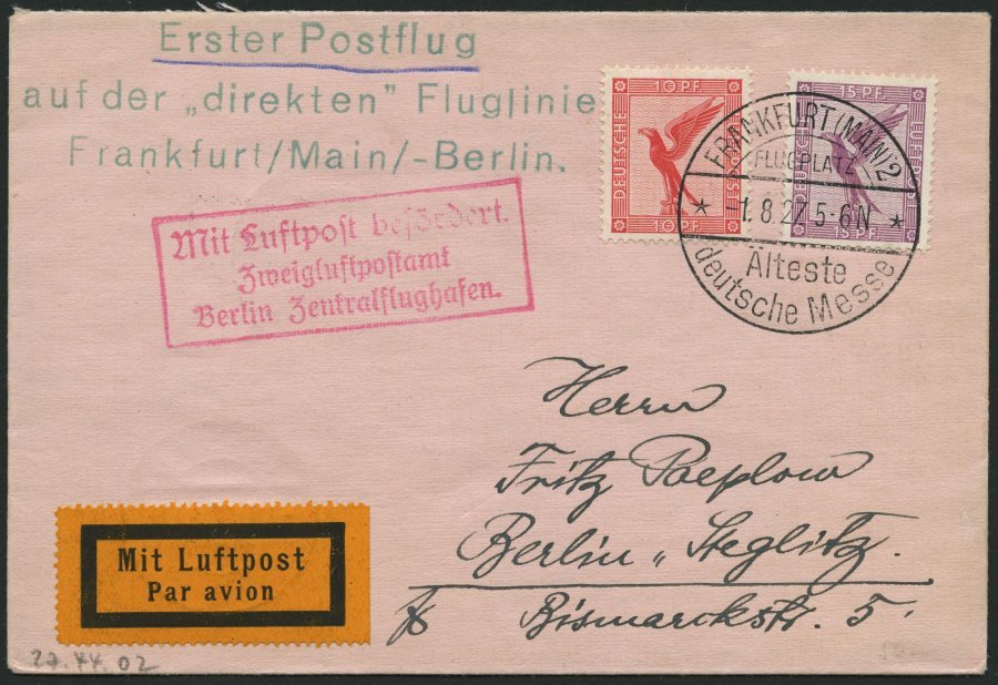 ERST-UND ERÖFFNUNGSFLÜGE 27.44.02 BRIEF, 1.8.1927, Frankfurt-Berlin, Prachtbrief - Zeppelines