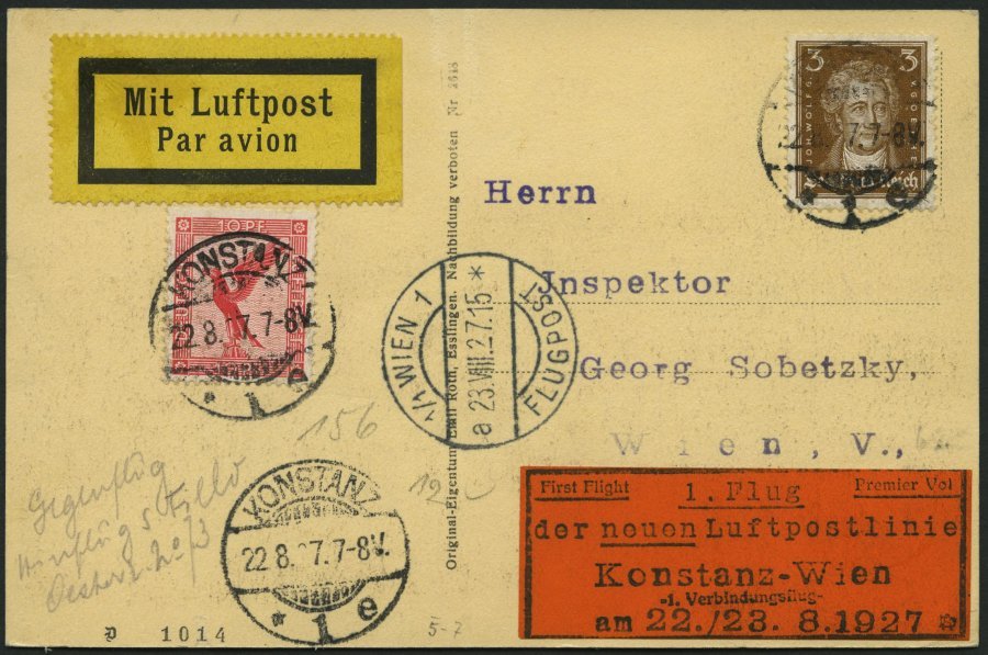 ERST-UND ERÖFFNUNGSFLÜGE 27.45.03 BRIEF, 22.8.1927, Konstanz-Wien, Prachtkarte - Zeppelins