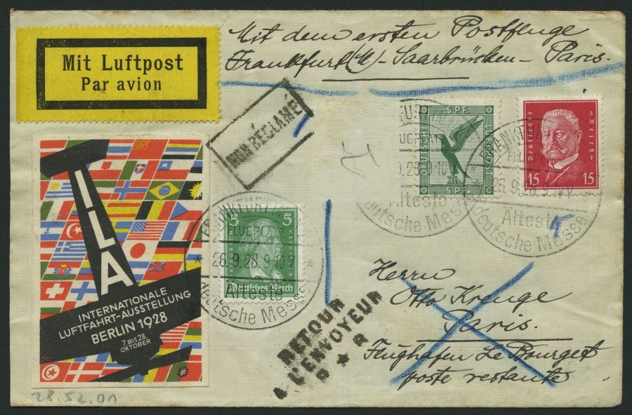 ERST-UND ERÖFFNUNGSFLÜGE 28.52.01 BRIEF, 26.9.1928, Frankfurt/M.-Paris, Eine Marke Abgefallen Sonst Prachtbrief - Zeppelines