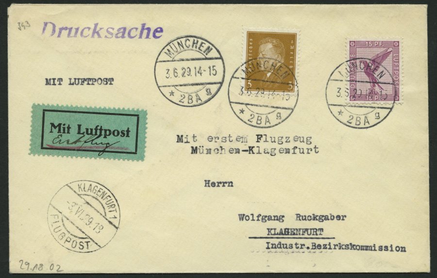 ERST-UND ERÖFFNUNGSFLÜGE 29.18.02 BRIEF, 3.6.1929, München-Klagenfurth, Prachtbrief - Zeppelines