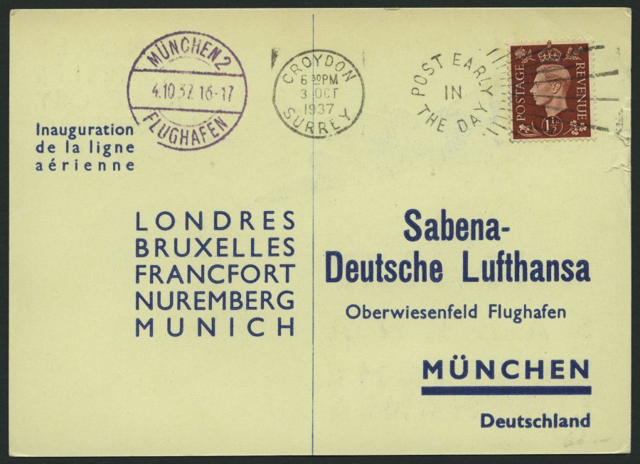 ERST-UND ERÖFFNUNGSFLÜGE 37.8.03 BRIEF, 4.10.1937, London-München, Karte Feinst - Zeppelines
