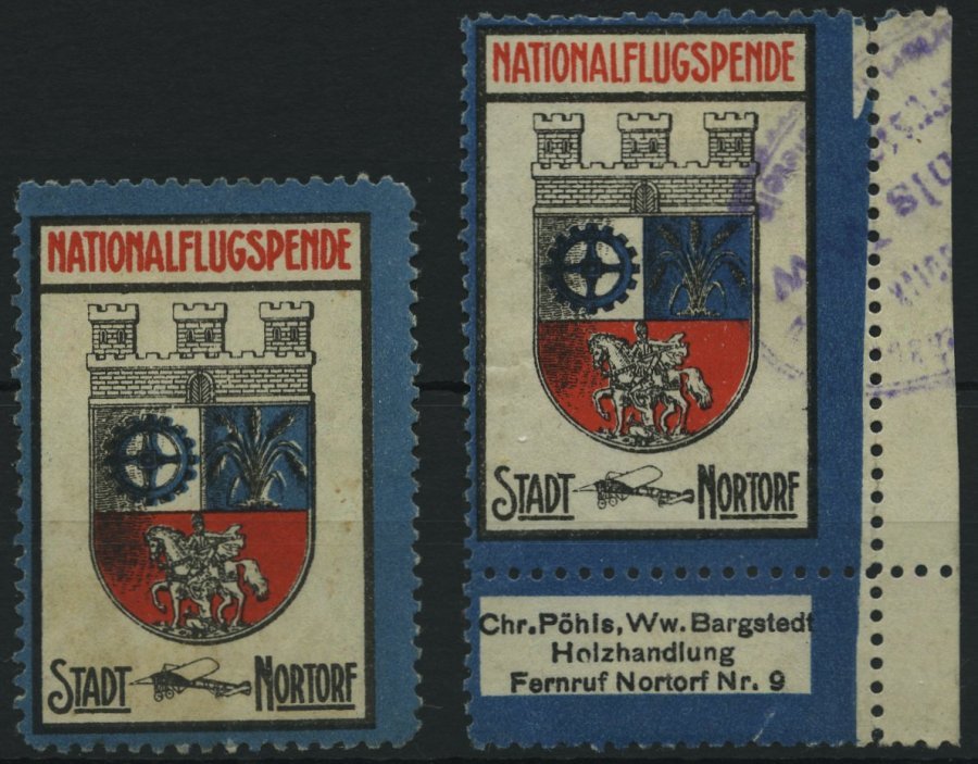 LUFTPOST-VIGNETTEN (*),o , 1912, Nationalflugspende Nortorf, Spenden-Vignette Mit Und Ohne Reklameanhang Pöhls Bargstedt - Airmail & Zeppelin