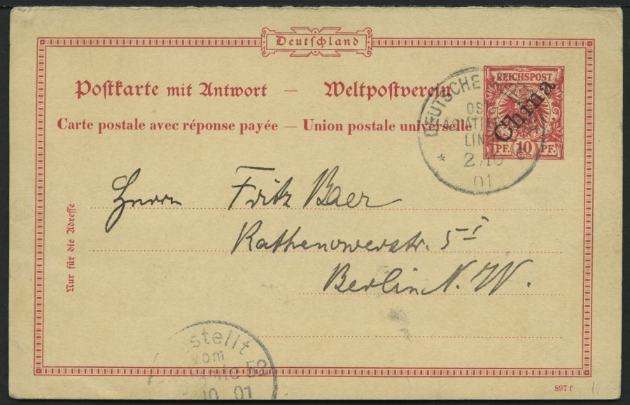 DP CHINA P 4F BRIEF, 1901, 10/10 Karmin, Frageteil, Mit Seepoststempel OST-ASIATISCHE LINIE C, 2.10.01., Pracht - Cina (uffici)