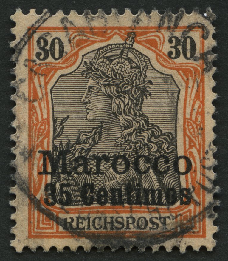 DP IN MAROKKO 12PFII O, 1900, 35 C. Auf 30 Pf. Mit Plattenfehler Kopf Des R In Reichspost Oben Schräg Abgeschnitten Und - Marruecos (oficinas)