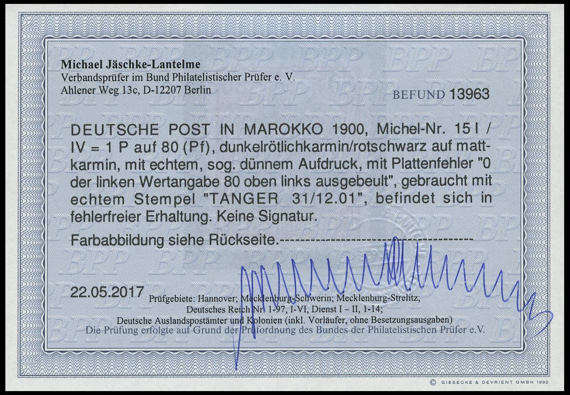 DP IN MAROKKO 15PFIV O, 1900, 1 P. Auf 80 Pf. Mit Plattenfehler O Der Linken 80 Oben Links Ausgebeult, Pracht, Fotoattes - Marruecos (oficinas)