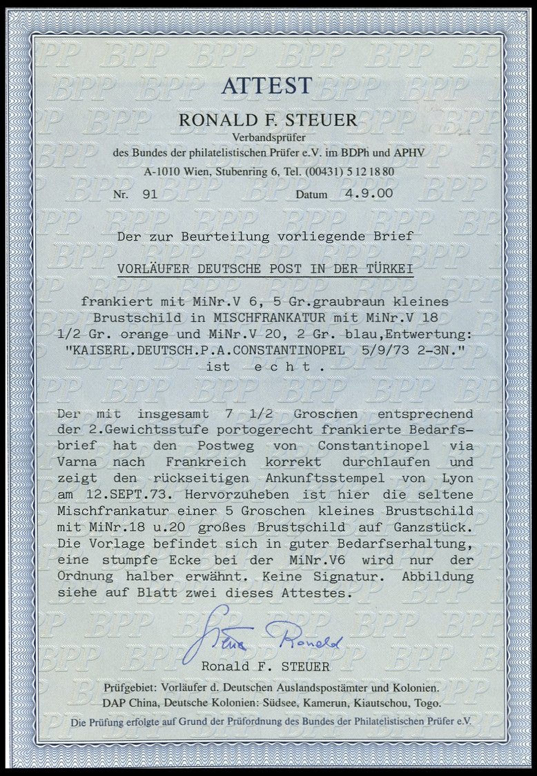 DP TÜRKEI V 6,18,21a BRIEF, 5.9.1873, 5 Gr. Kleiner Brustschild (stumpfe Ecke) Und 1/2 Gr. Und 21/2 Gr. Großer Brustschi - Turkey (offices)