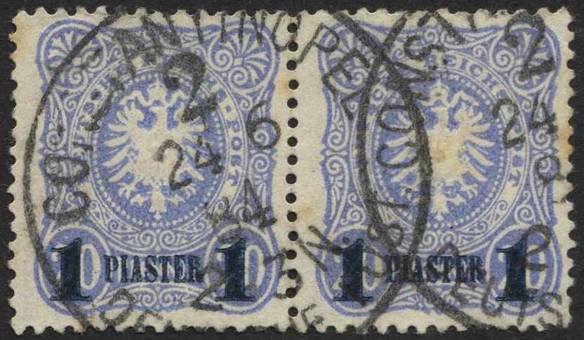 DP TÜRKEI 3b Paar O, 1884, 1 PIA. Auf 20 Pf. Violettultramarin, Aufdruck Blauschwarz, Im Waagerechten Paar, Feinst (etwa - Turkey (offices)