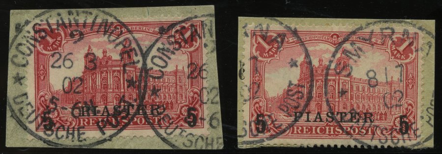 DP TÜRKEI 20Ia BrfStk, 1900, 5 PIA. Auf 1 M. Rot, Mit Höher Und Tiefer Stehendem Aufdruck, 2 Prachtbriefstücke, Mi. (100 - Turchia (uffici)