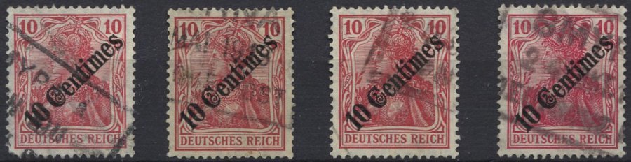 DP TÜRKEI 49 O, 1908, 10 C. Auf 10 Pf. Diagonaler Aufdruck, 4 Werte Mit Rosinen-Stempeln SMYRNA, Etwas Unterschiedlich - Turquia (oficinas)