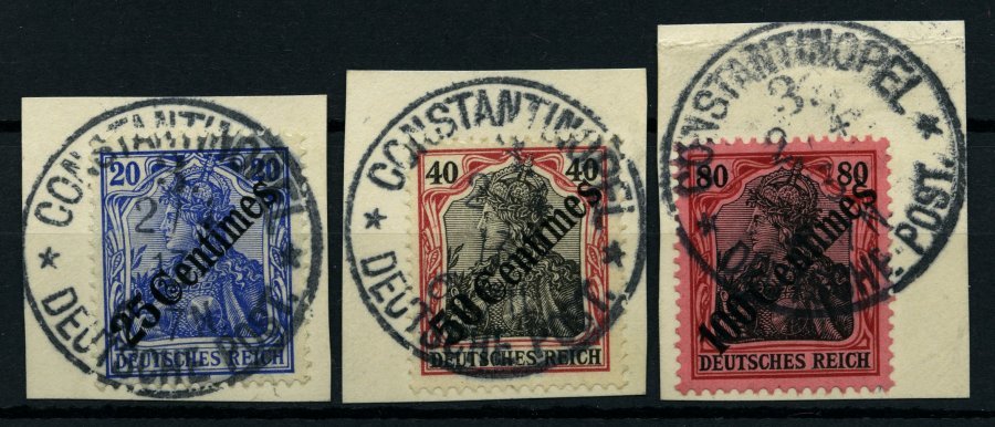 DP TÜRKEI 50-52 BrfStk, 1908, 25 C. Auf 20 - 100 C Auf 80 Diagonaler Aufdruck Mit Stempeln CONSTANTINOPEL 3 **, 3 Pracht - Turkey (offices)