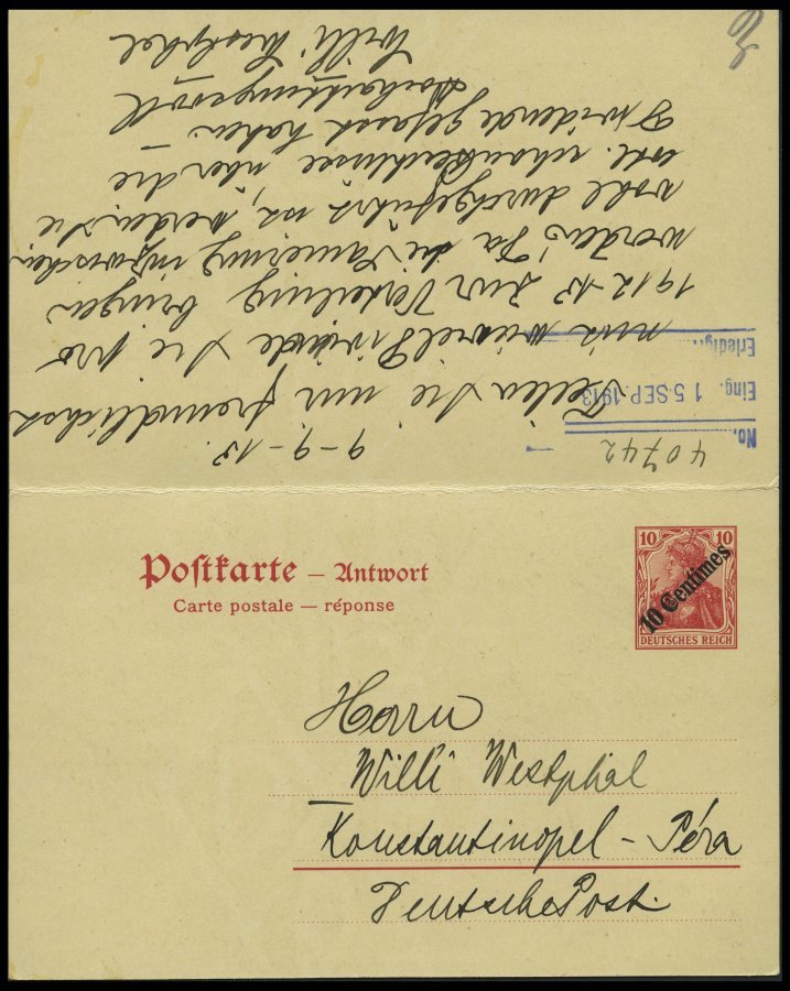 DP TÜRKEI P 18 BRIEF, 1913, 10 Centimes Auf 10 Pf., Stempel CONSTANTINOPEL 3 **, Prachtkarte - Turquia (oficinas)