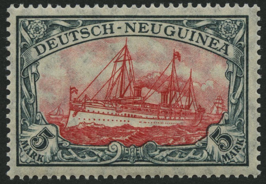 DEUTSCH-NEUGUINEA 23IAI *, 1914, 5 M. Grünschwarz/dunkelkarmin, Mit Wz., Friedensdruck, Falzrest, Pracht, Mi. 60.- - German New Guinea