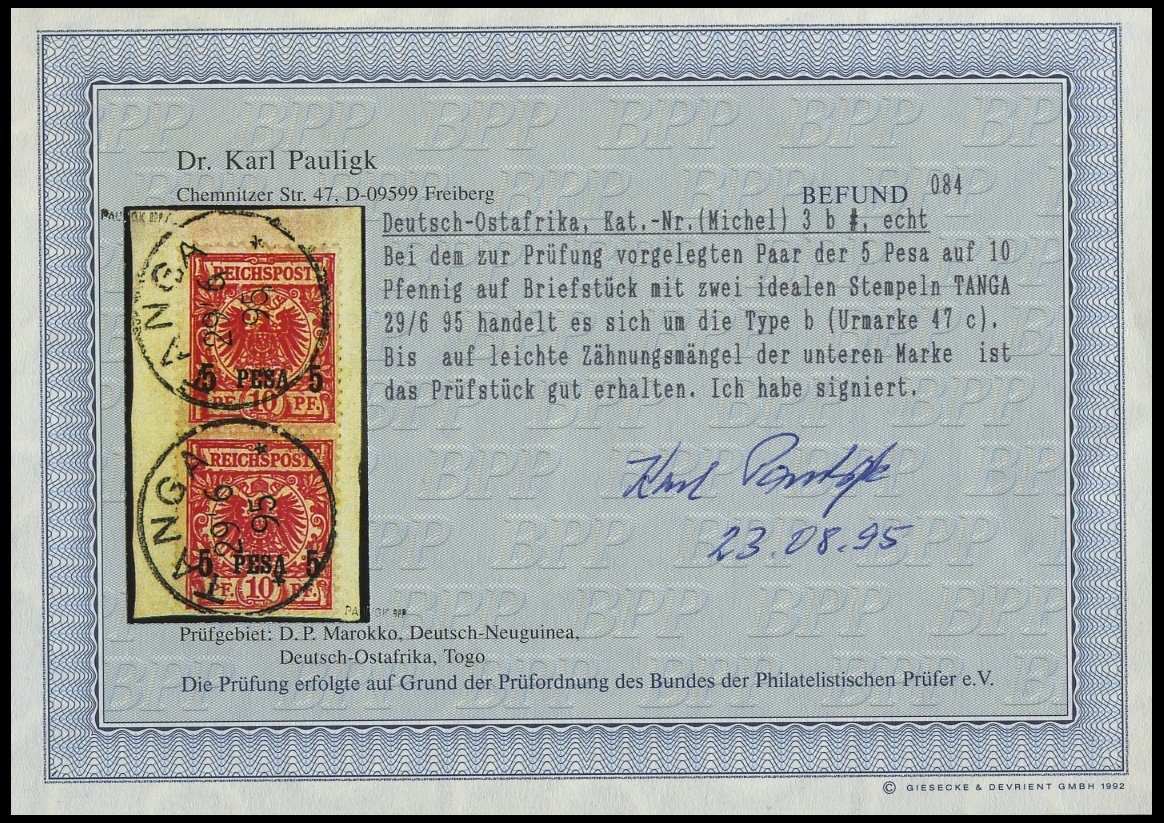 DEUTSCH-OSTAFRIKA 3b Paar BrfStk, 1895, 5 P. Auf 10 Pf. Mittelrot Im Senkrechten Paar Auf Briefstück, Stempel TANGA, Unt - German East Africa