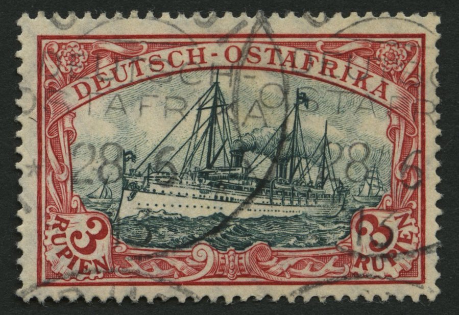 DEUTSCH-OSTAFRIKA 39IAb O, 1908, 3 R. Dunkelrot/grünschwarz, Mit Wz., Pracht, Gepr. Bothe, Mi. 300.- - África Oriental Alemana