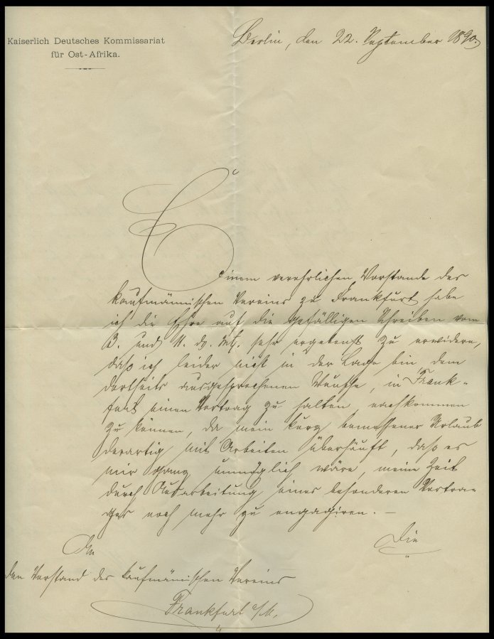 DEUTSCH-OSTAFRIKA 1890, Zweiseitiger Brief Mit Briefkopf Kaiserlich Deutsches Kommissariat Für Ost-Afrika Und Unterschri - África Oriental Alemana