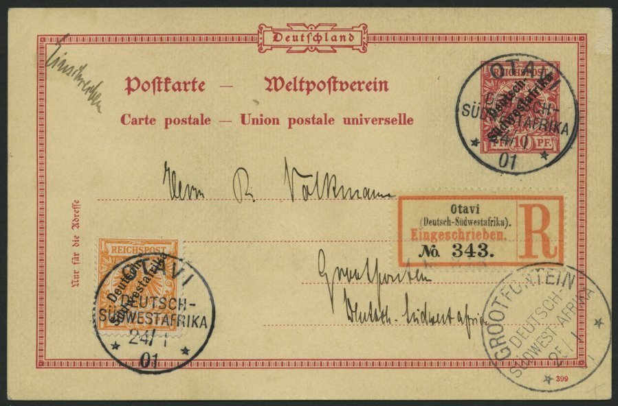 DSWA 9a BRIEF, 1901, 25 Pf. Gelblichorange Als Zusatzfrankatur Auf 10 Pf. Ganzsachenkarte (rückseitig Unbeschriftet), Ei - German South West Africa