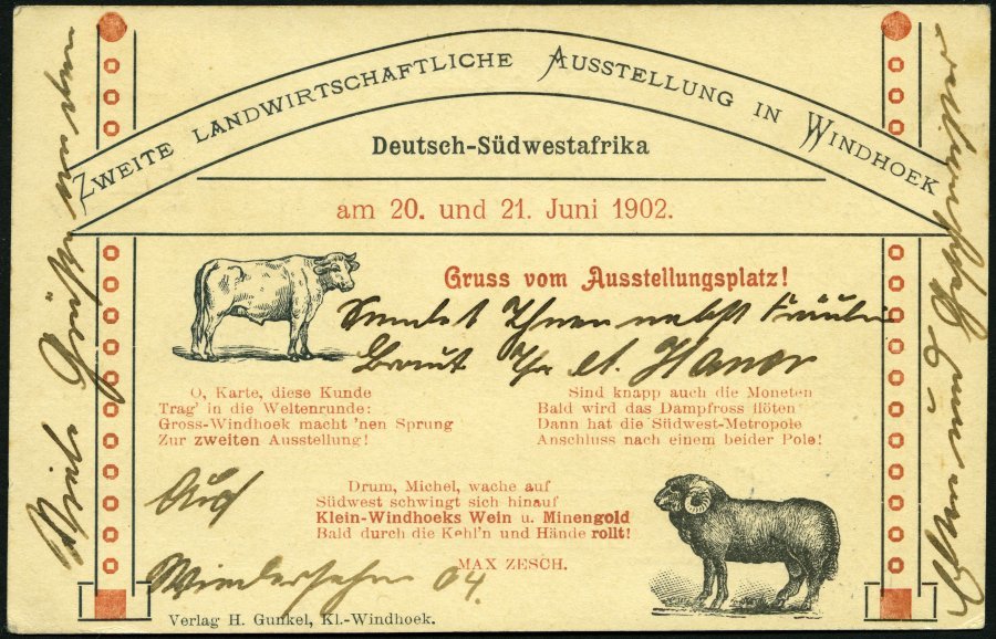 DSWA 12 BRIEF, 1902, 5 Pf. Grün Auf Ansichtskarte Zweite Landwirtschaftliche Ausstellung In Windhoek Von WINDHOEK Nach M - German South West Africa