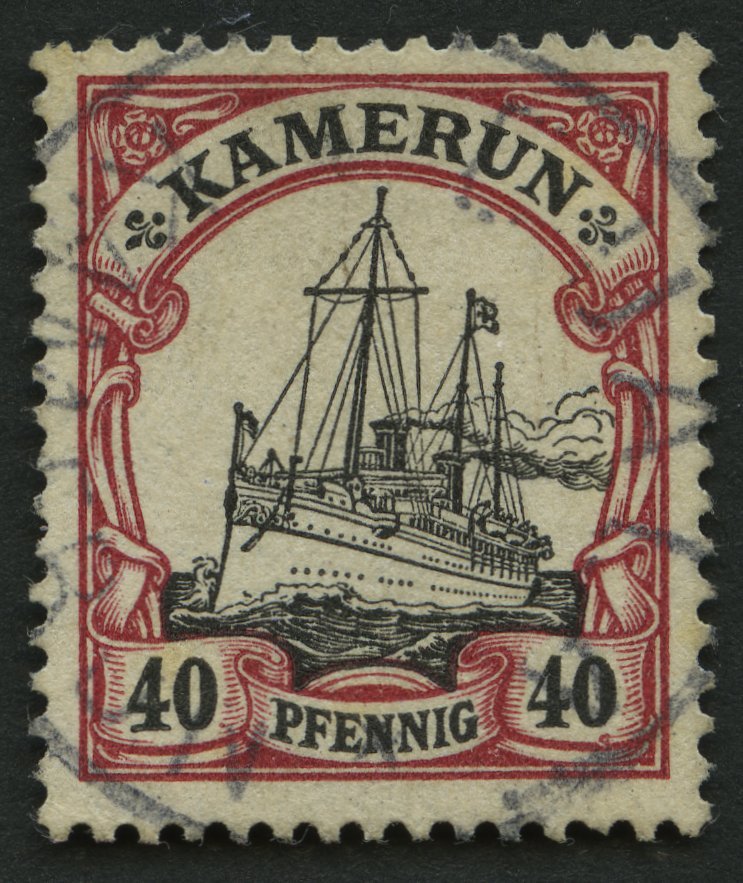 KAMERUN 13I O, 1900, 40 Pf. Karmin/schwarz Mit Abart Linie Unter Rechter 40 Durch Fleck Unterbrochen, Normale Zähnung, P - Camerún