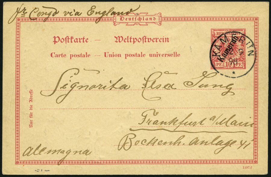 KAMERUN P 2 BRIEF, 1898, 10 Pf. Karmin, Stempel KAMERUN, Mit Rückseitiger Zeichnung Ein Afrikanischer Traum, über Fr. Co - Camerún