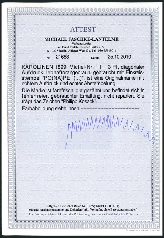 KAROLINEN 1I O, 1899, 3 Pf. Diagonaler Aufdruck, Pracht, Fotoattest Jäschke-L., Mi. 850.- - Islas Carolinas