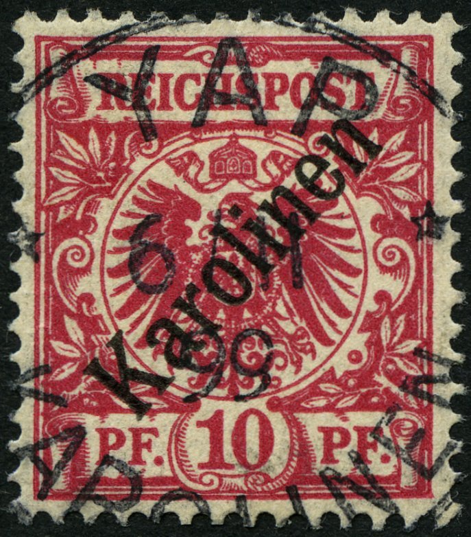 KAROLINEN 3I O, 1899, 10 Pf. Diagonaler Aufdruck, Stempel YAP, Pracht, Gepr. Steuer, Mi. 160.- - Islas Carolinas