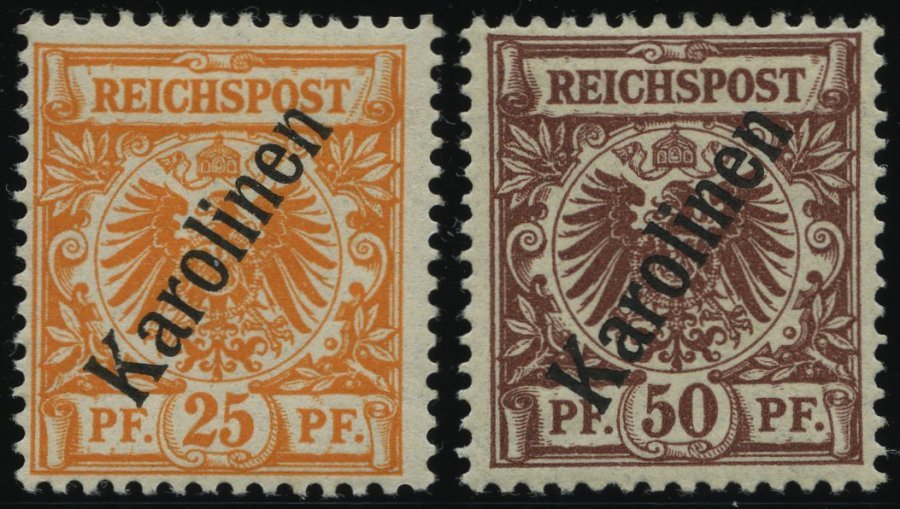 KAROLINEN 5a,6II *, 1900, 25 Und 50 Pf. Steiler Aufdruck, Falzreste, 2 Prachtwerte, Mi. 120.- - Islas Carolinas