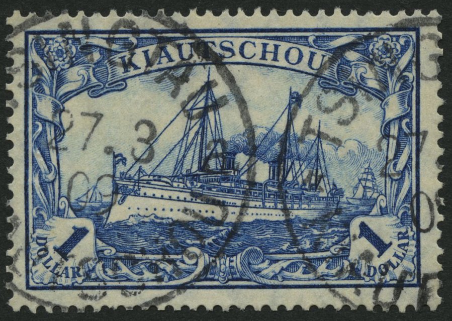 KIAUTSCHOU 35IA PFI O, 1906, 1 $ Schwärzlichblau, Mit Wz., Friedensdruck, Mit Plattenfehler Wertziffer 1 Kreuzweise Schr - Kiauchau