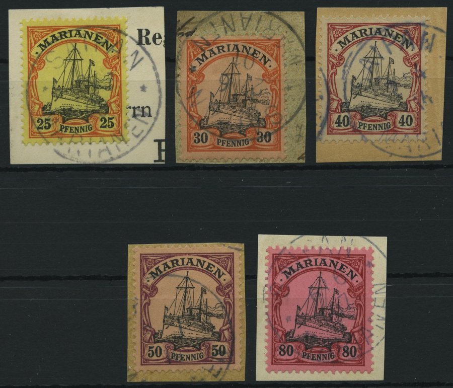 MARIANEN 11-15 BrfStk, 1901, 25 - 80 Pf. Kaiseryacht, 5 Prachtbriefstücke, Mi. (95.-) - Mariana Islands